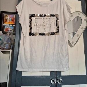 SHEIN White Tee with Black and Silver Sequin Detail